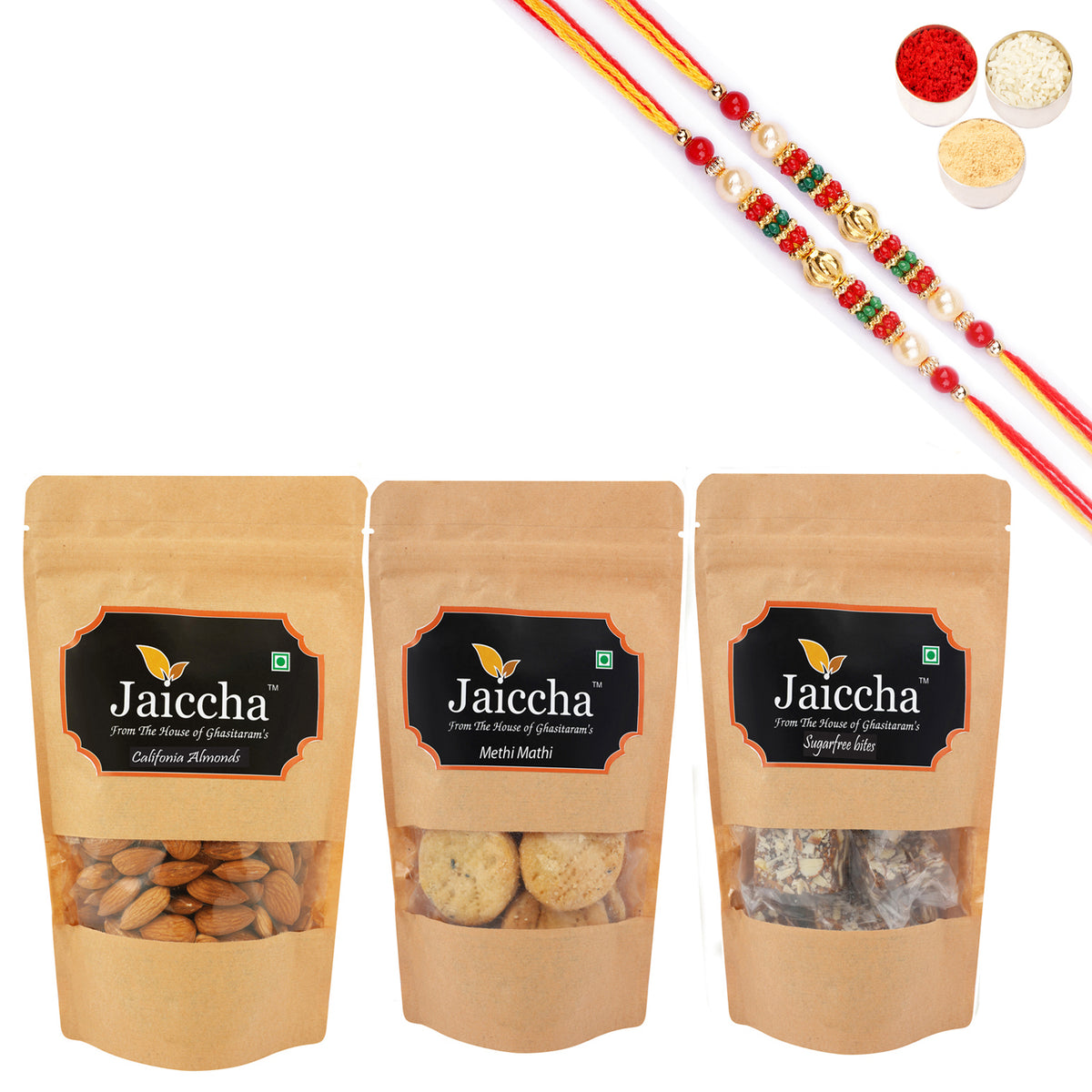Best of 3 Suagrfree Bites 200 gms, Methi Mathi 150 gms Pouch and Almonds 100 gms Pouch with 2 Pearl Beads Rakhis