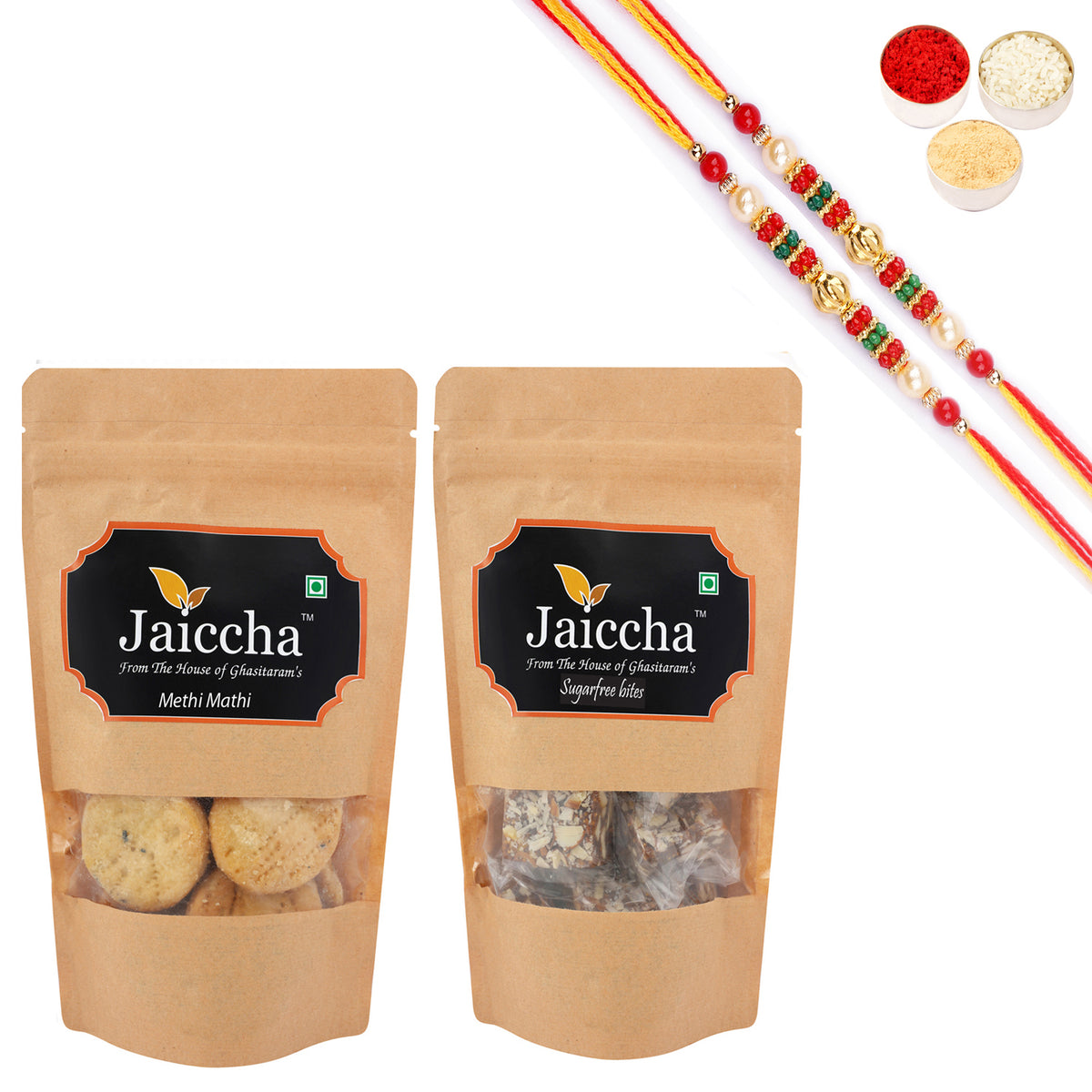 Best of 2 Suagrfree Bites 200 gms and Methi Mathi 150 gms Pouch with 2 Pearl Beads Rakhis