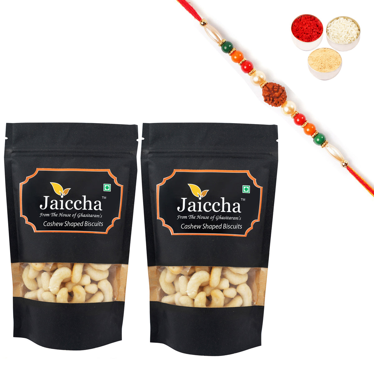 Pack of 2 Tea Time Cashew Shaped Biscuits 100 gms in Black Paper Pouch with Rudraksh Rakhi