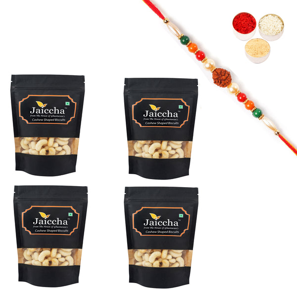 Pack of 4 Tea Time Cashew Shaped Biscuits 100 gms in Black Paper Pouch with Rudraksh Rakhi
