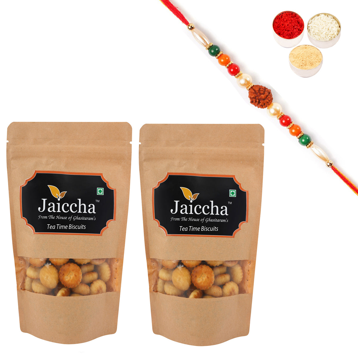 Pack of 2 Tea Time Biscuits 100 gms in Brown Paper Pouch with Rudraksh Rakhi