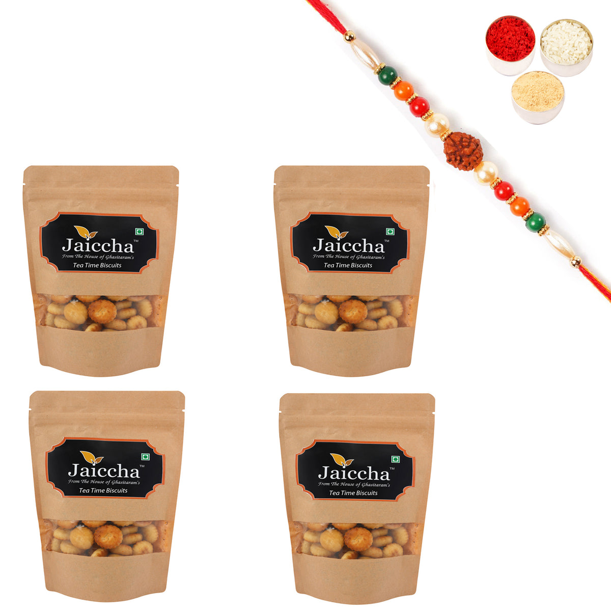 Pack of 4 Tea Time Biscuits 100 gms in Brown Paper Pouch with Rudraksh Rakhi