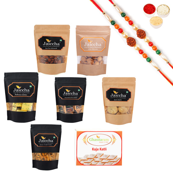 Best of 7 Kaju Katli Box, SOYA Sticks Pouch, Coin Biscuits Pouch, Methi Mathi Pouch, Barbeque Cashews Pouch, MEWA Bites Pouch, Assorted Chocolates Pouch With Pearl Beads Rakhi