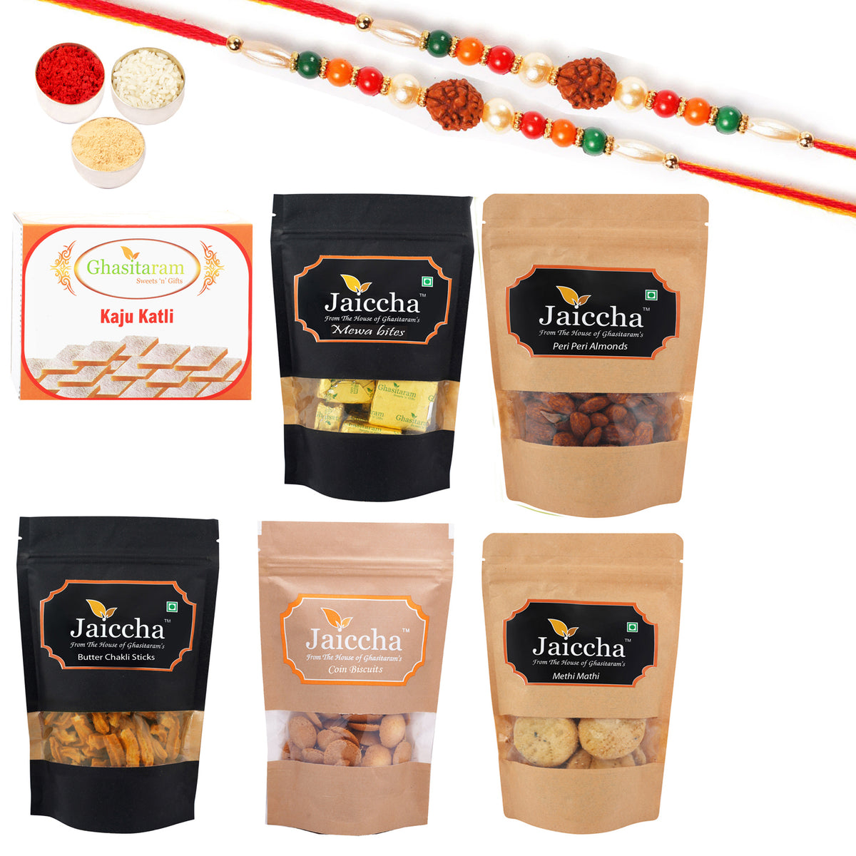 Best of 6 Kaju Katli Box, Butter Chakli Sticks Pouch, Coin Biscuits Pouch, Methi Mathi Pouch, Peri Peri Almonds Pouch, Mewa Bites Pouch with 2 Rudraksh Rakhis