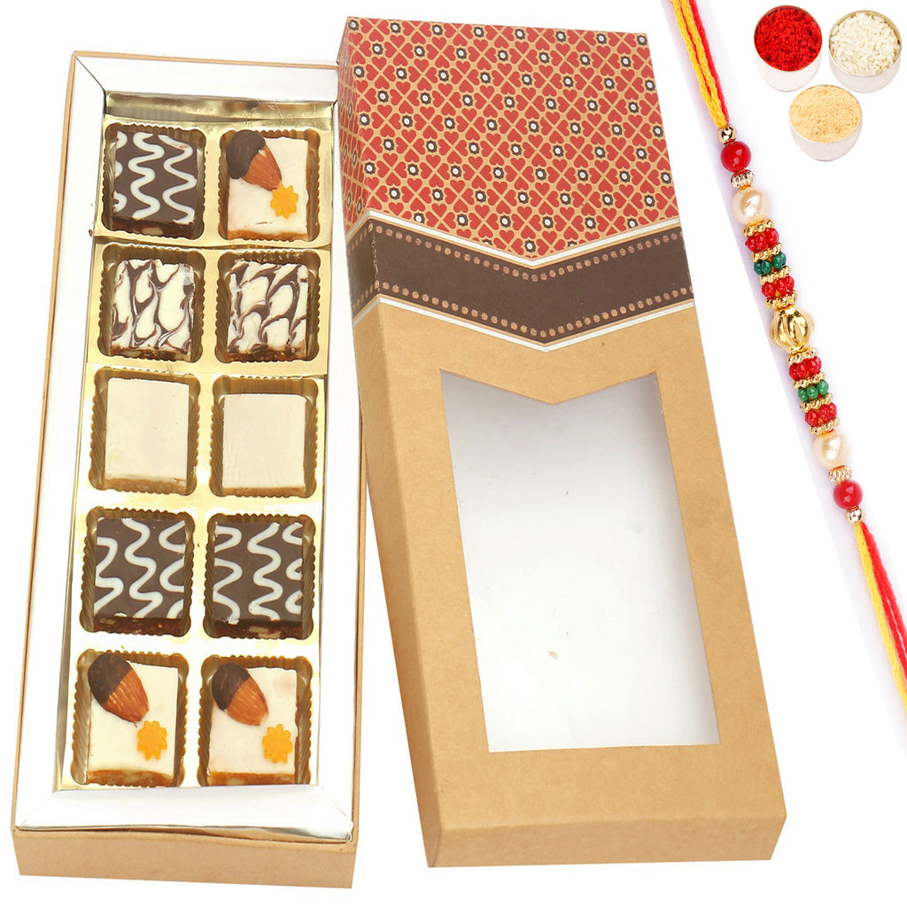 10 pcs Assorted Choco Dryfruit Bites Kraft Box with Pearl Beads Rakhi