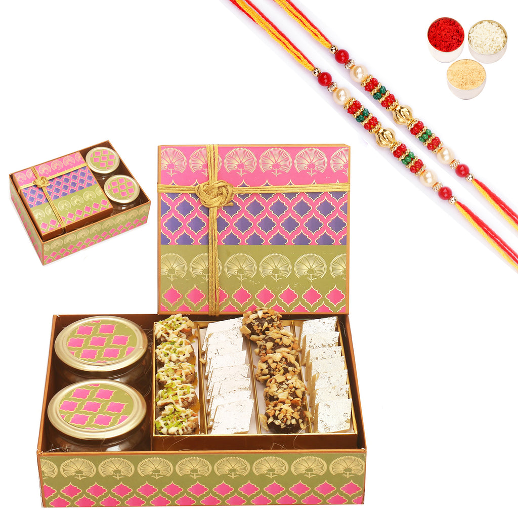 Pink Green Kaju Katli and Dryfruit Sweets box with Almonds and Mewa Bites Jars with 2 Pearl Beads Rakhi