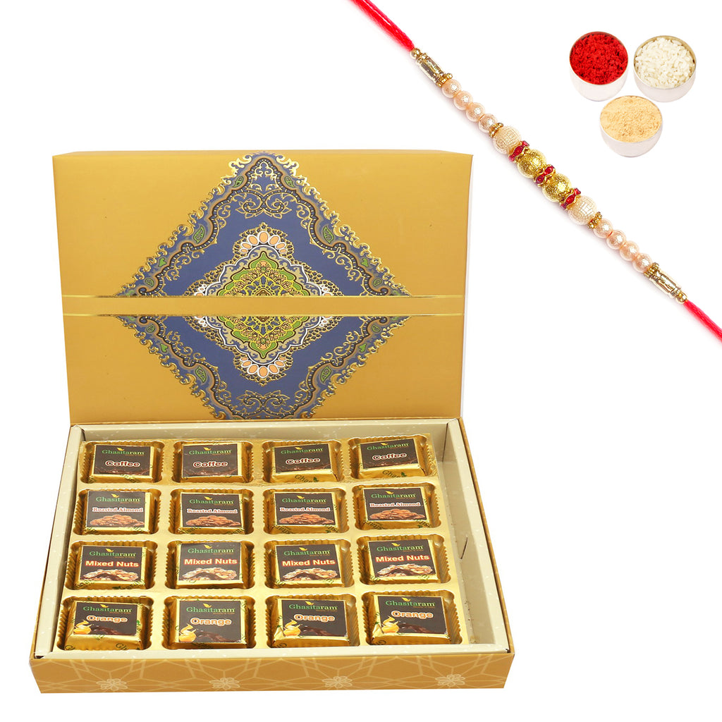 16 pcs Assorted Sugafree Chocolates  SQ Box with Pearl Rakhi