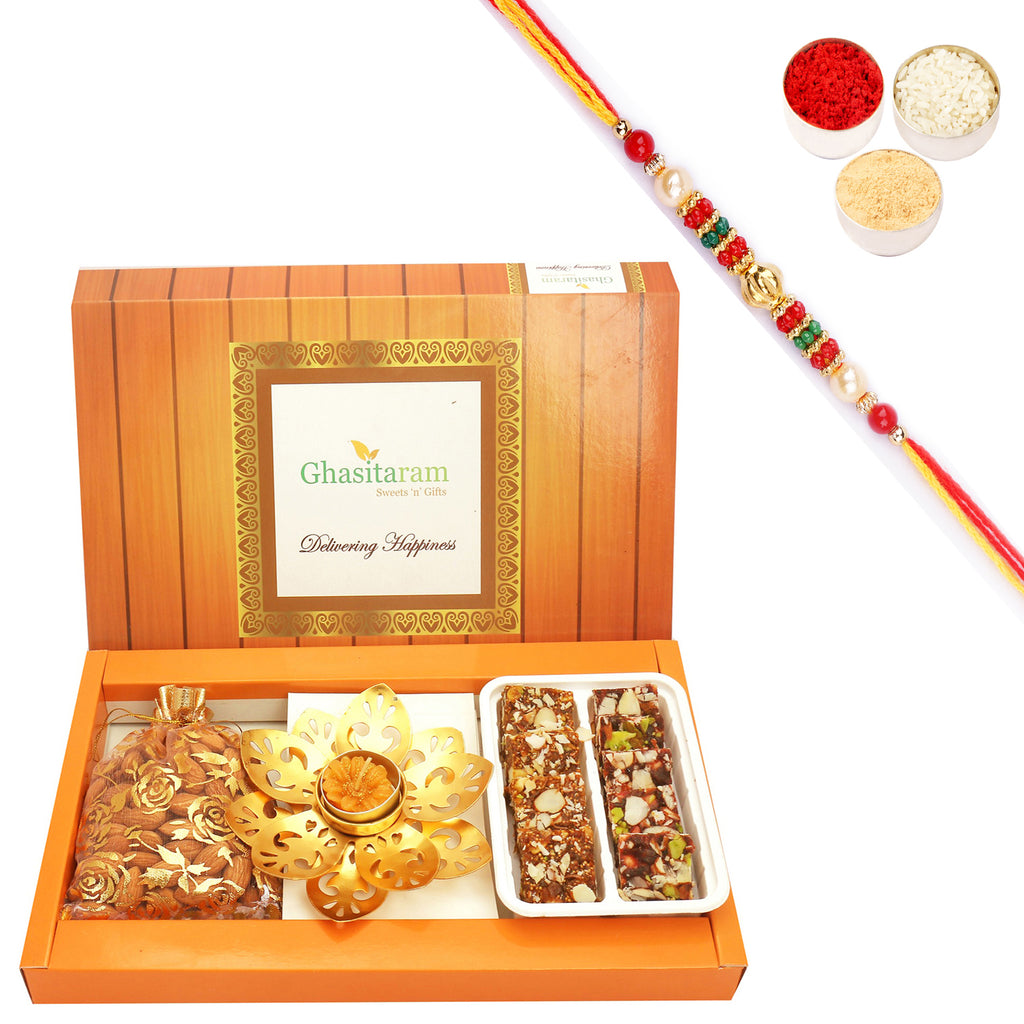 Sugarfree Sweets, T-Lite and Almonds Pouch with Pearl Beads Rakhi