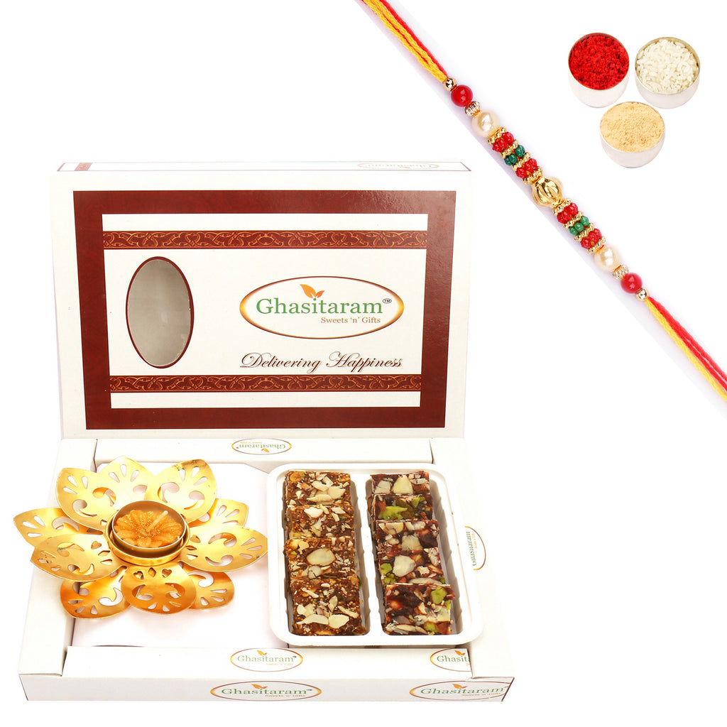 Sugarfree Sweets and T-Lite with Pearl Beads Rakhi