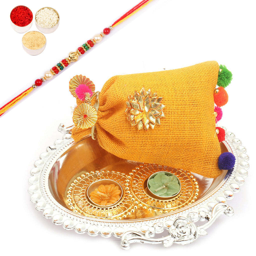 Silver Oval Tray with Jute Sugarfree Bites Pouch and 2 T-Lites with Pearl Beads Rakhi