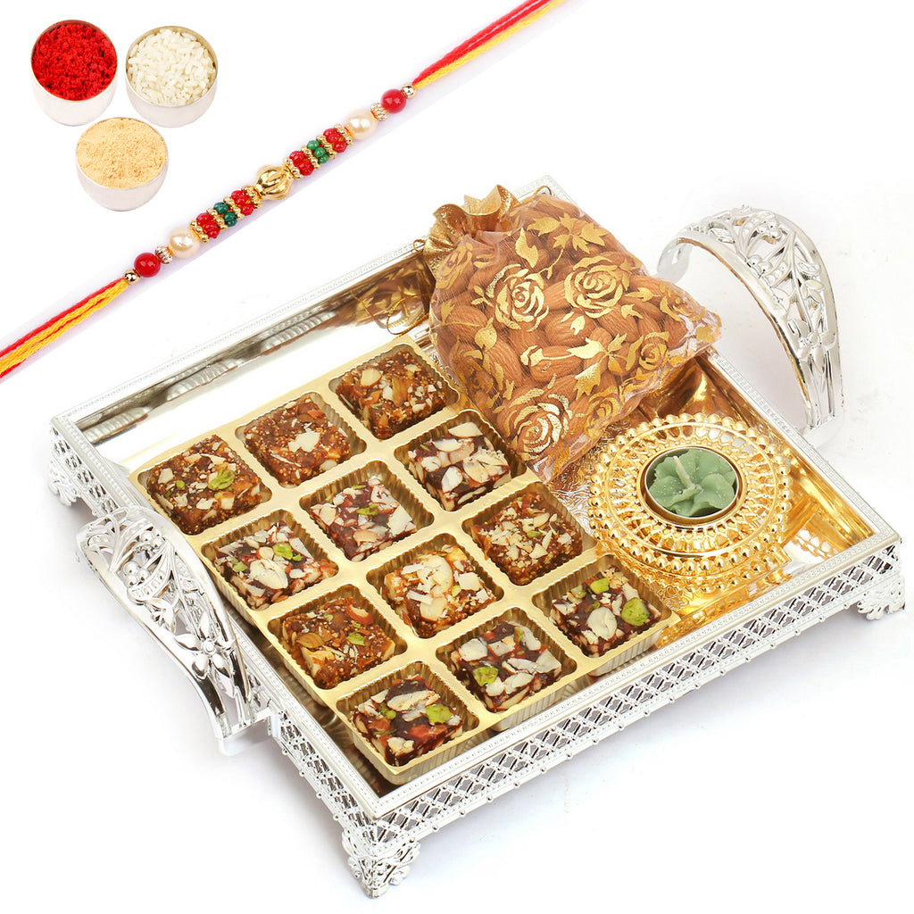 Silver Tray with Sugarfree Bites, Almonds  and Golden T-lite with Pearl Beads Rakhi
