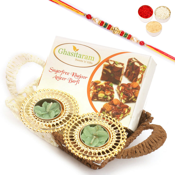 Small Metal Brown Basket Of Sugarfree Bites and T-Lite with Pearl Beads Rakhi