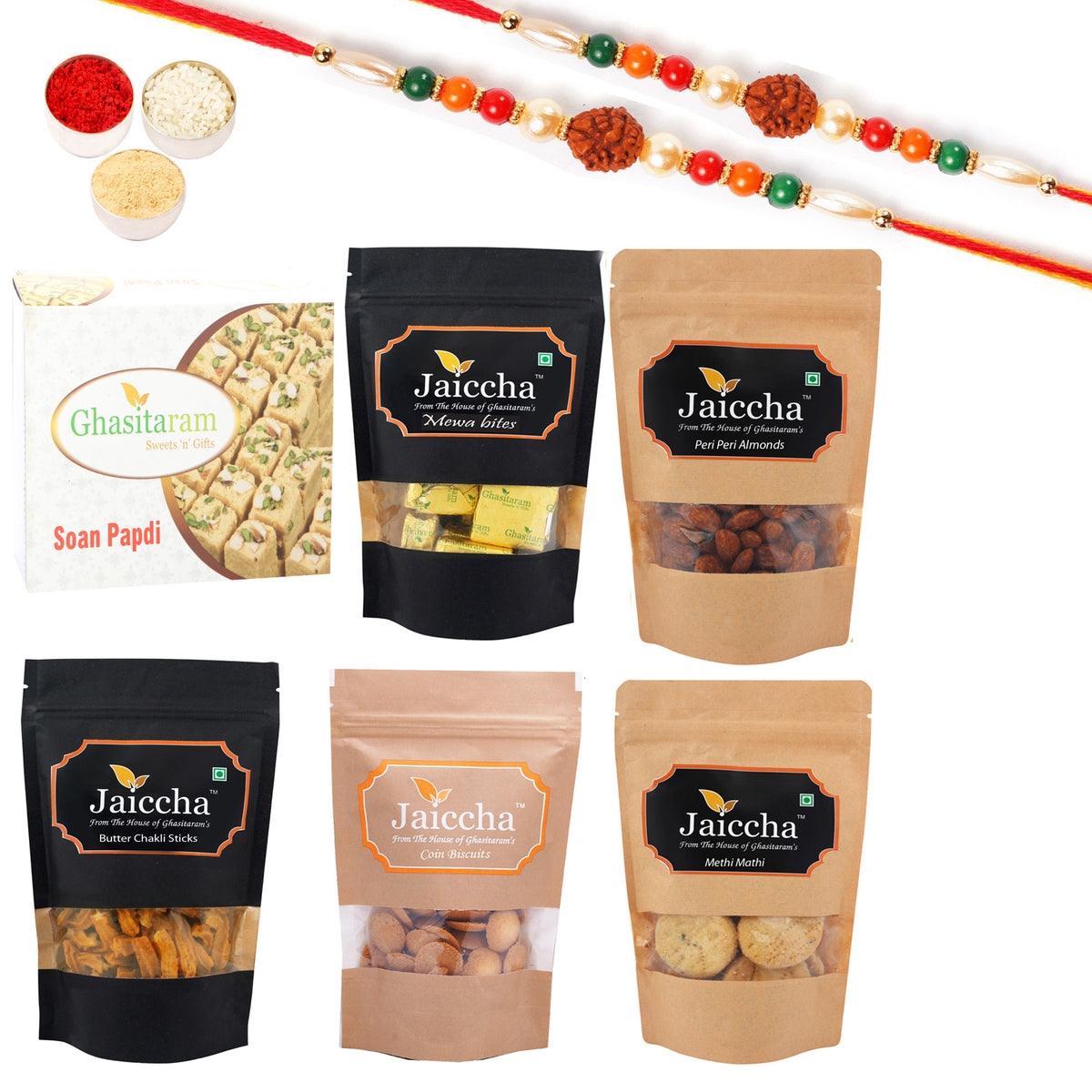Best of 6 Soan Papdi Box, Butter Chakli Sticks Pouch, Coin Biscuits Pouch, Methi Mathi Pouch, Peri Peri Almonds Pouch, Mewa Bites Pouch with 2 Rudraksh Rakhis