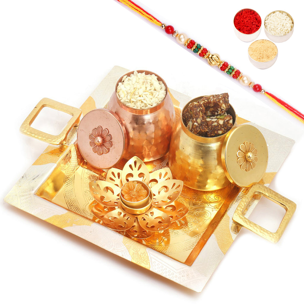 Square Metal Tray with Sugarfree Bites, Diet Chiwda Namkeen  and Golden T-lite with Pearl Beads Rakhi
