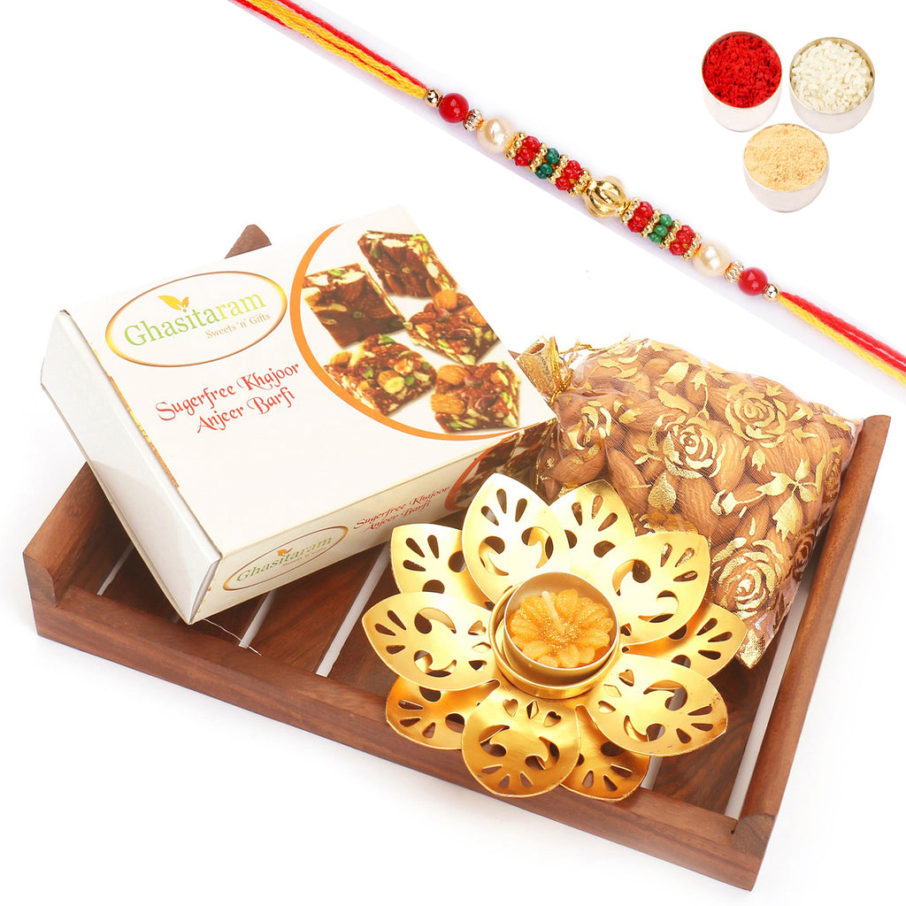 Striped Wooden Tray with Sugarfree Bites, Almonds and T-lite with Pearl beads rakhi