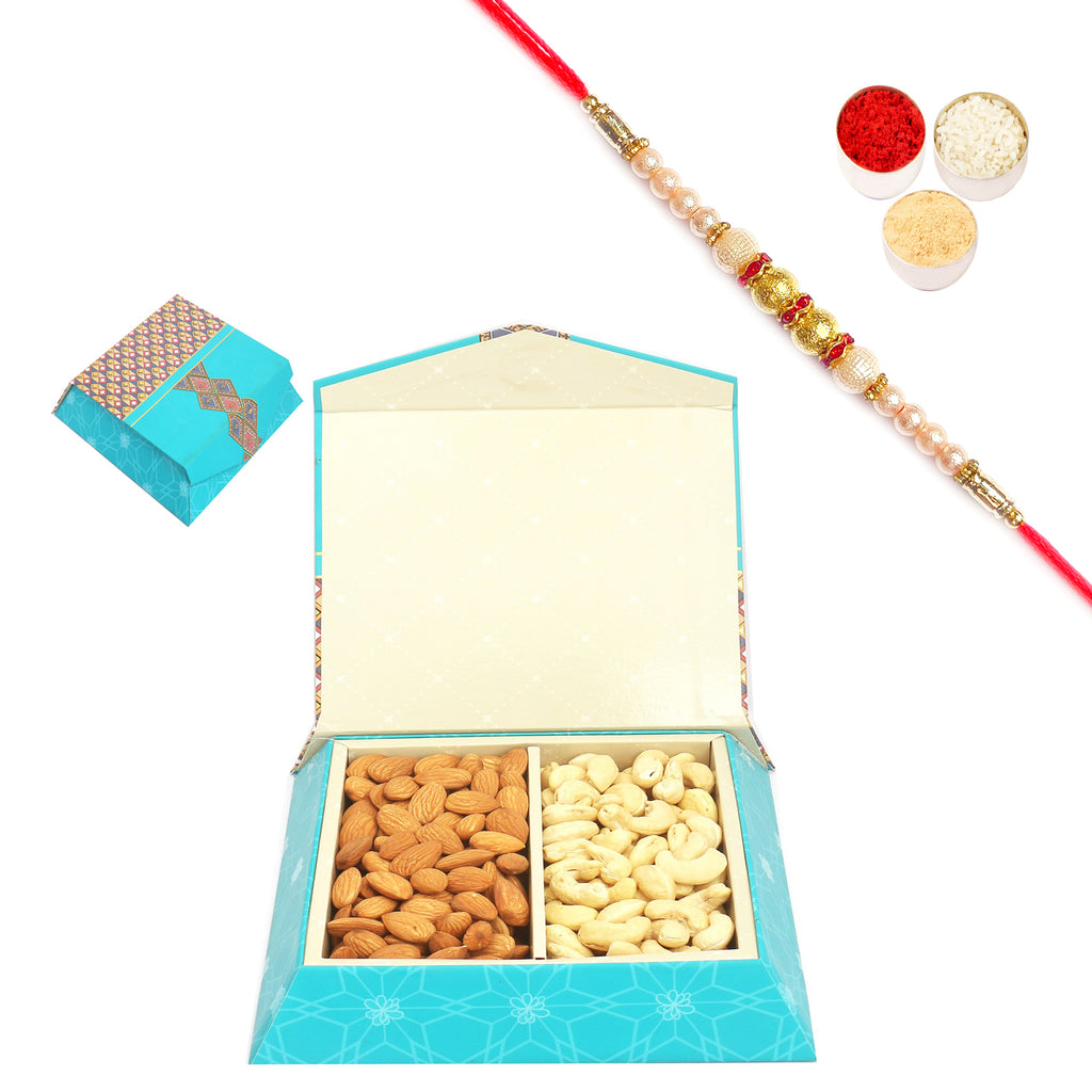 Tapered Almonds Cashew Box 300 gms with Pearl Rakhi