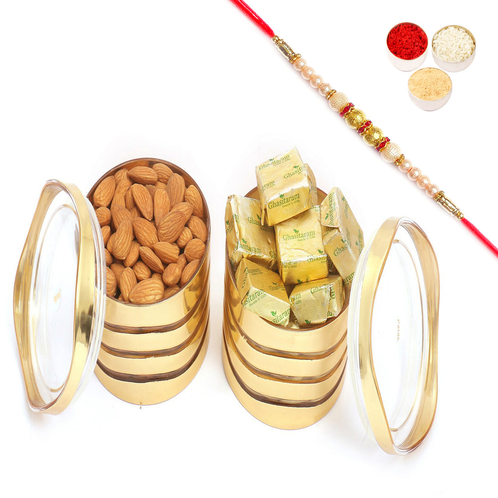 Waves Multipupose Almonds, Chocolates Jars with Pearl Rakhi