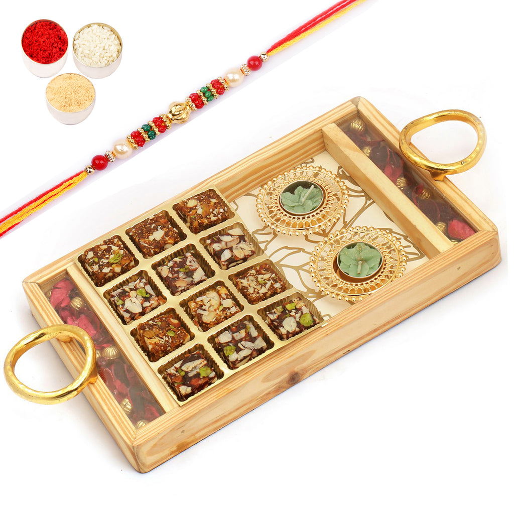 Wooden Rose Tray with Sugarfree Bites, Almonds  and Golden T-lite with Pearl Beads Rakhi
