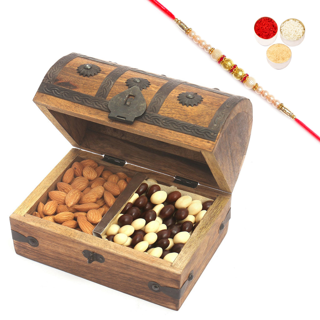 Wooden Trunk with Almonds and Nutties with Pearl Rakhi