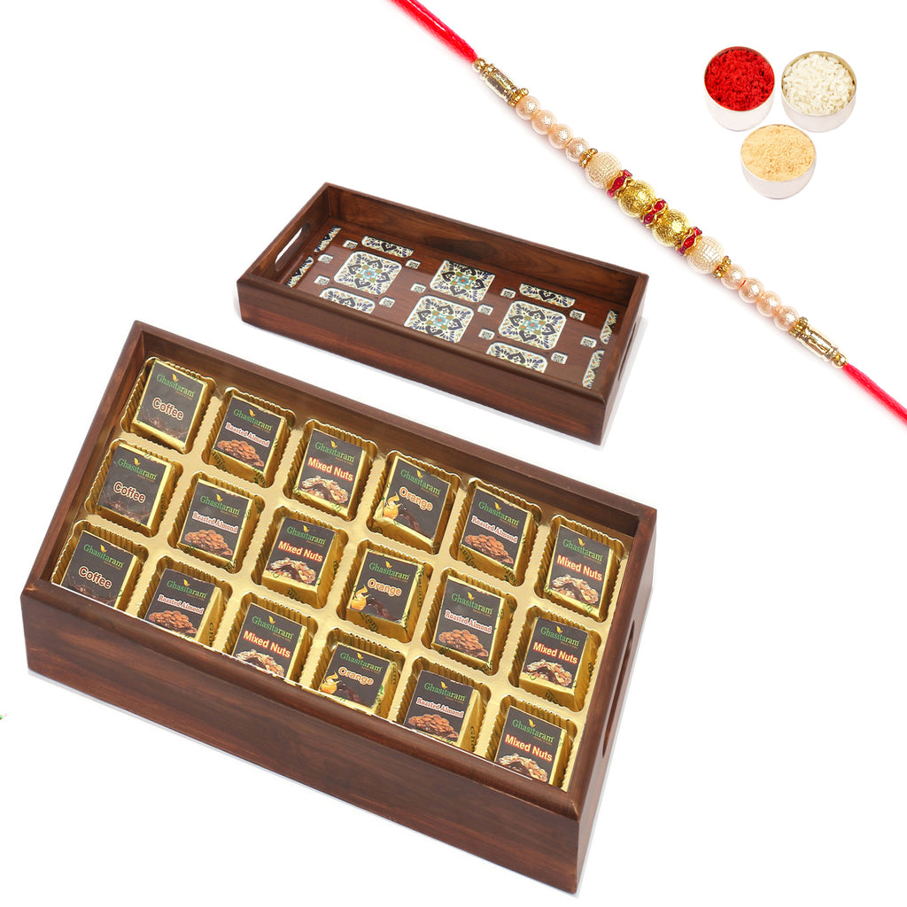 Wooden Printed 18 pcs Assorted Chocolates Tray with Pearl Rakhi