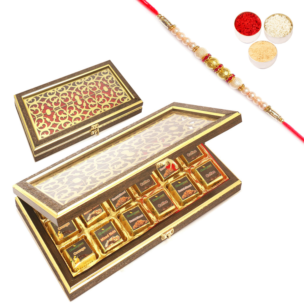 Wooden Lazer 18 pcs Assorted Chocolates Box with Pearl Rakhi