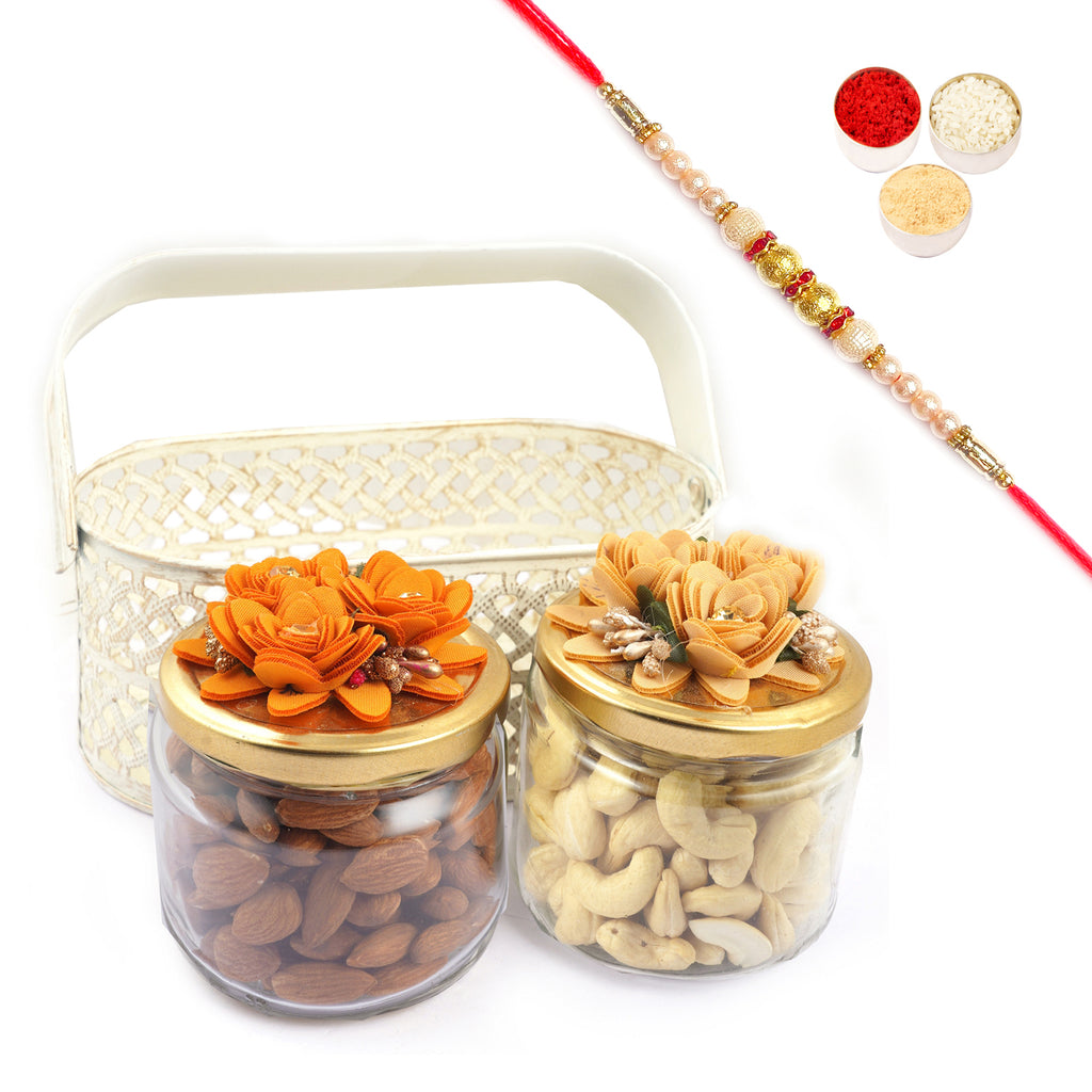 2 Jar Metal Basket of Almonds and Cashews with Pearl Rakhi