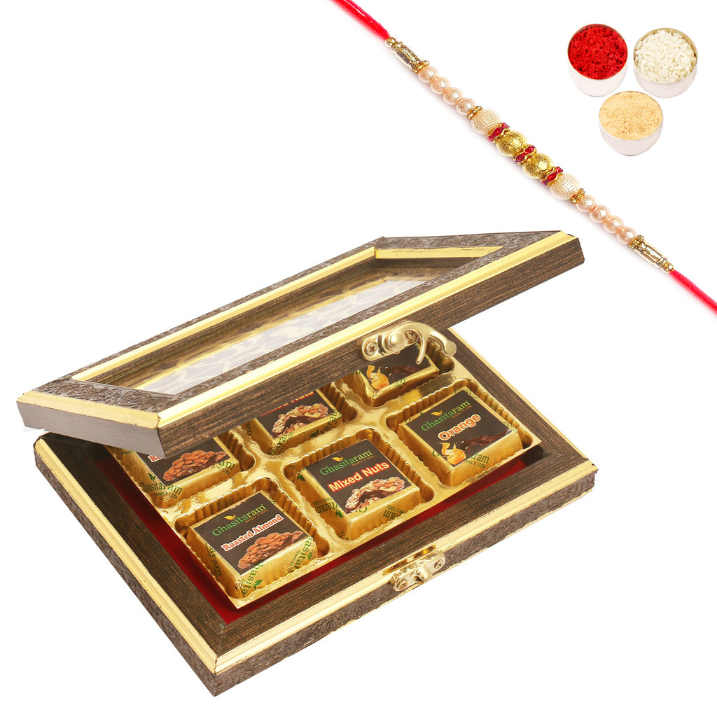 Wooden Lazer 6 pcs Assorted Chocolates Box with Pearl Rakhi