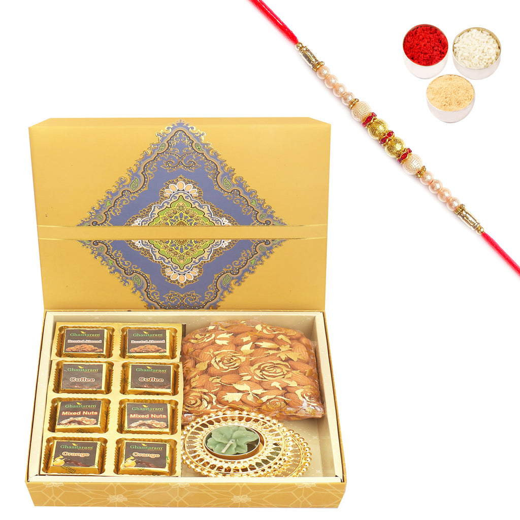 8 pcs Assorted Chocolates, 2 t-lites and Almond Pouch  SQ box with Pearl Rakhi