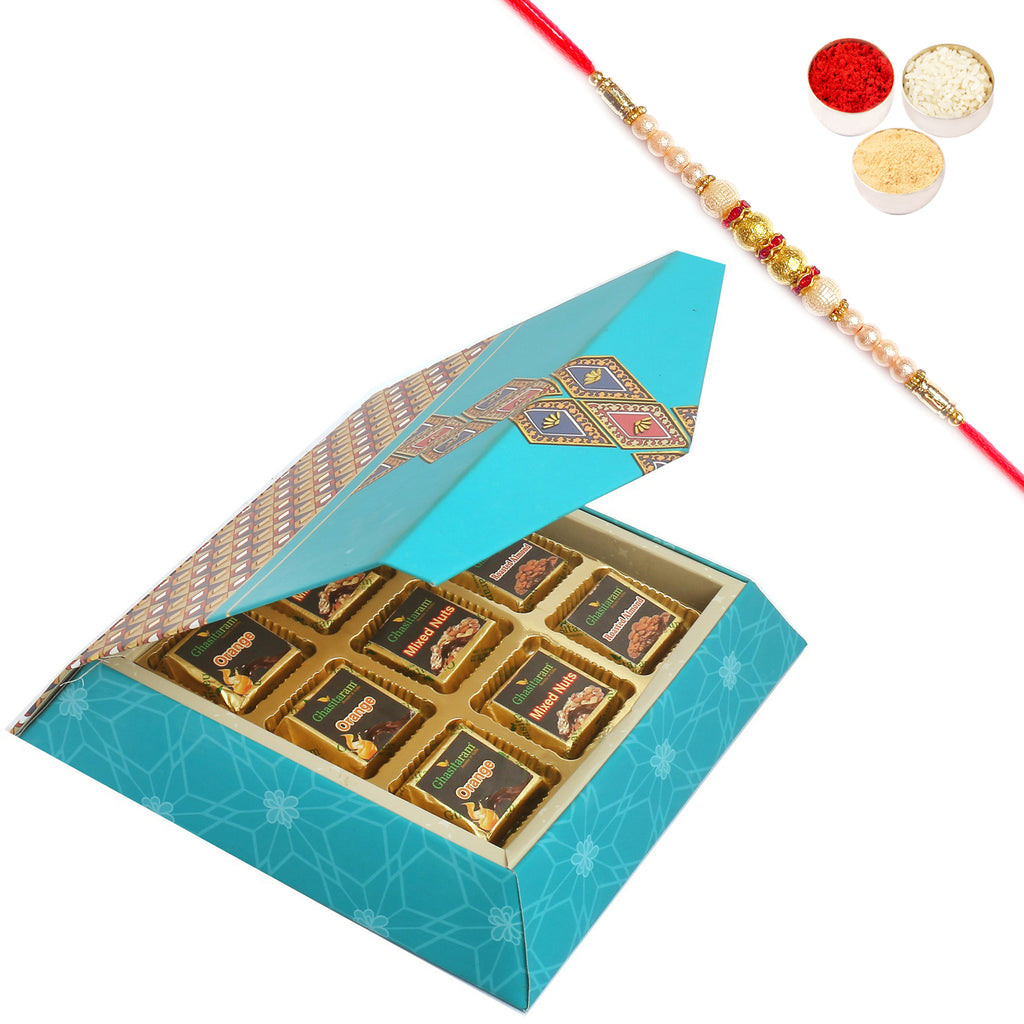 9 pcs Assorted Chocolates  SQ Box with Pearl Rakhi