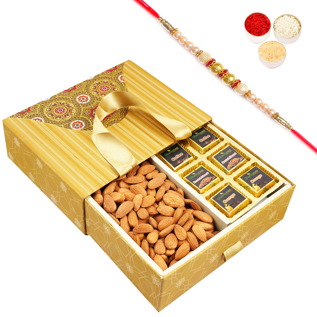 Bag box with Almonds and Chocolates with Pearl Rakhi