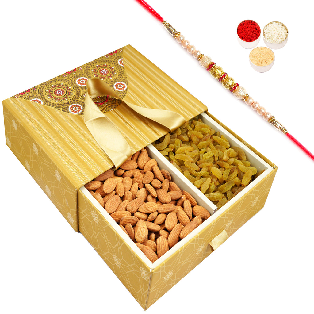 Bag Box with Almonds and Raisins with Pearl Rakhi
