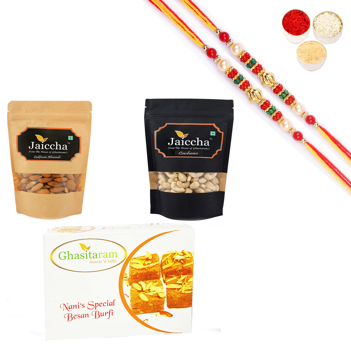 Best of Almonds, Cashews and Besan Barfi With Pearl Beads Rakhi