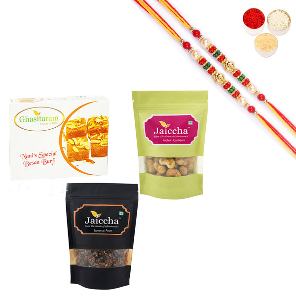 Best of 3 Besan Barfi, Protein Cashews and Banarsi Paan With Pearl Beads Rakhi
