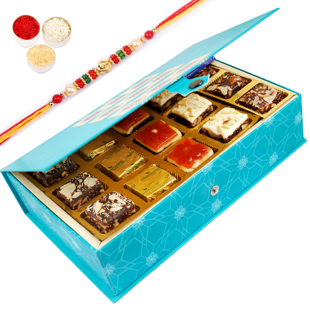 Blue Rectangular box of Assorted Bites 15 pcs with Pearl Beads Rakhi