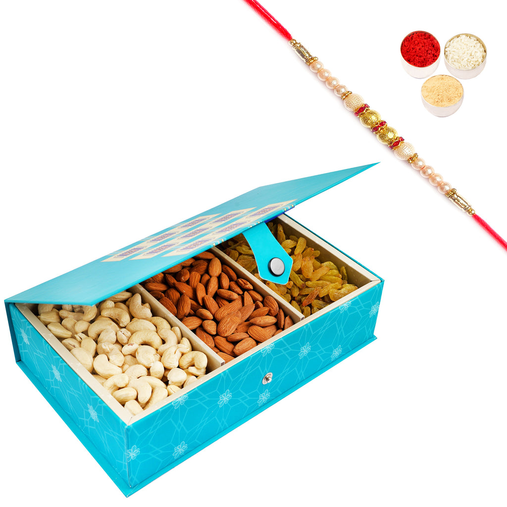 Blue Rectangular box of Cashews, Almonds and Raisins 300 gms with Pearl Rakhi