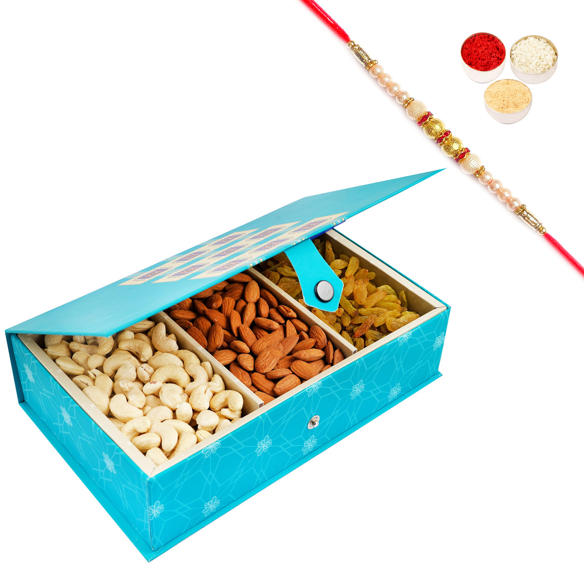 Blue Rectangular box of Cashews, Almonds and Raisins 600 gms with Pearl Rakhi