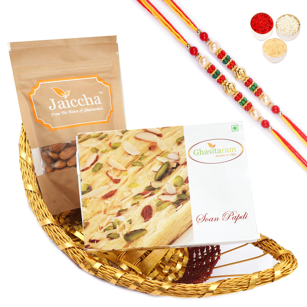 Boat Basket of Soan Papdi and Almonds with 2 Pearl beads rakhi