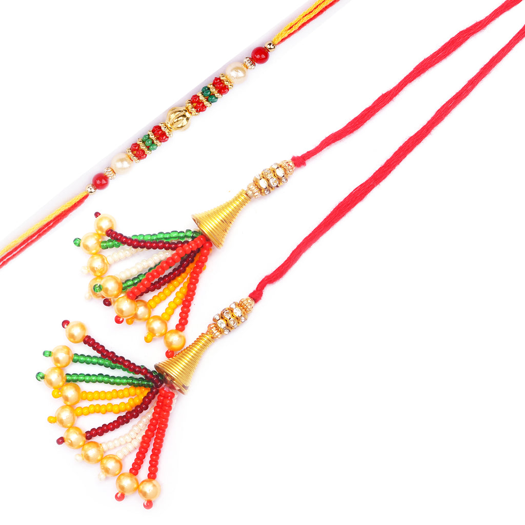 Rakhis Online USA-Coloured Beads Bhaiya Bhabhi Rakhi with 6 pc Mewa Bites box