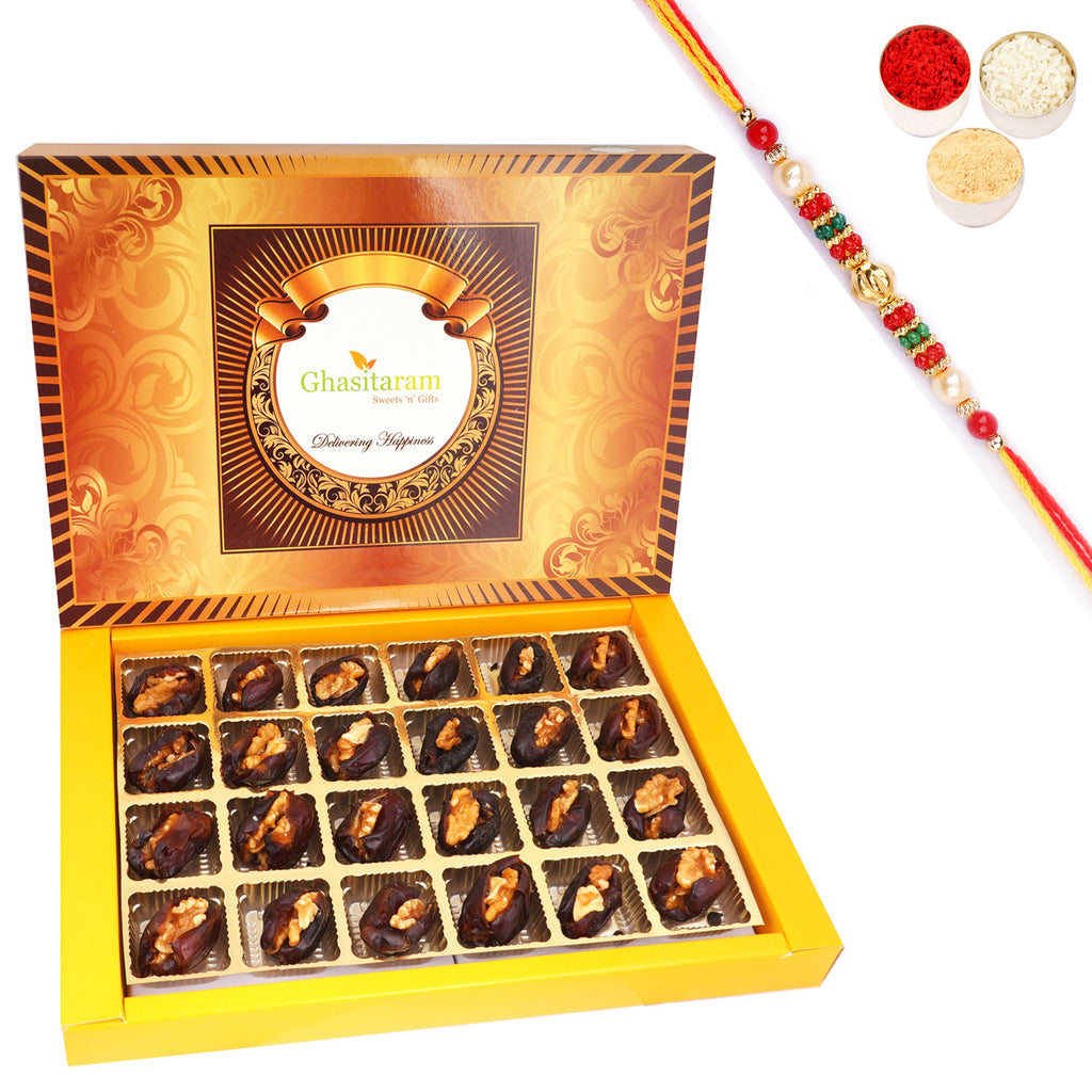 Premium Dates with Walnuts 12pcs with Pearl Beads Rakhi