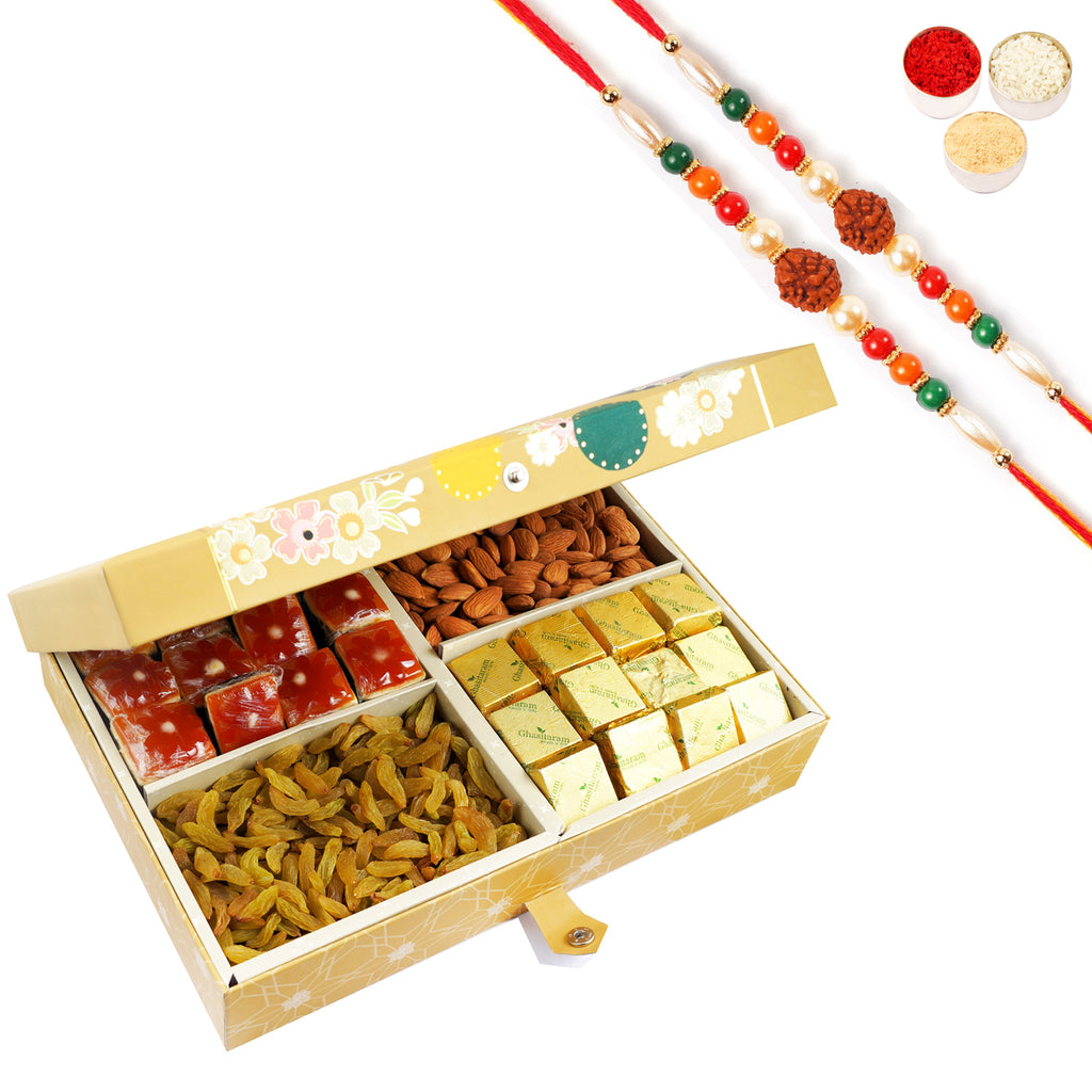 Gold 4 part with Almonds,Raisins, and Assorted Bites 1000 gms With 2 Rudraksh rakhis