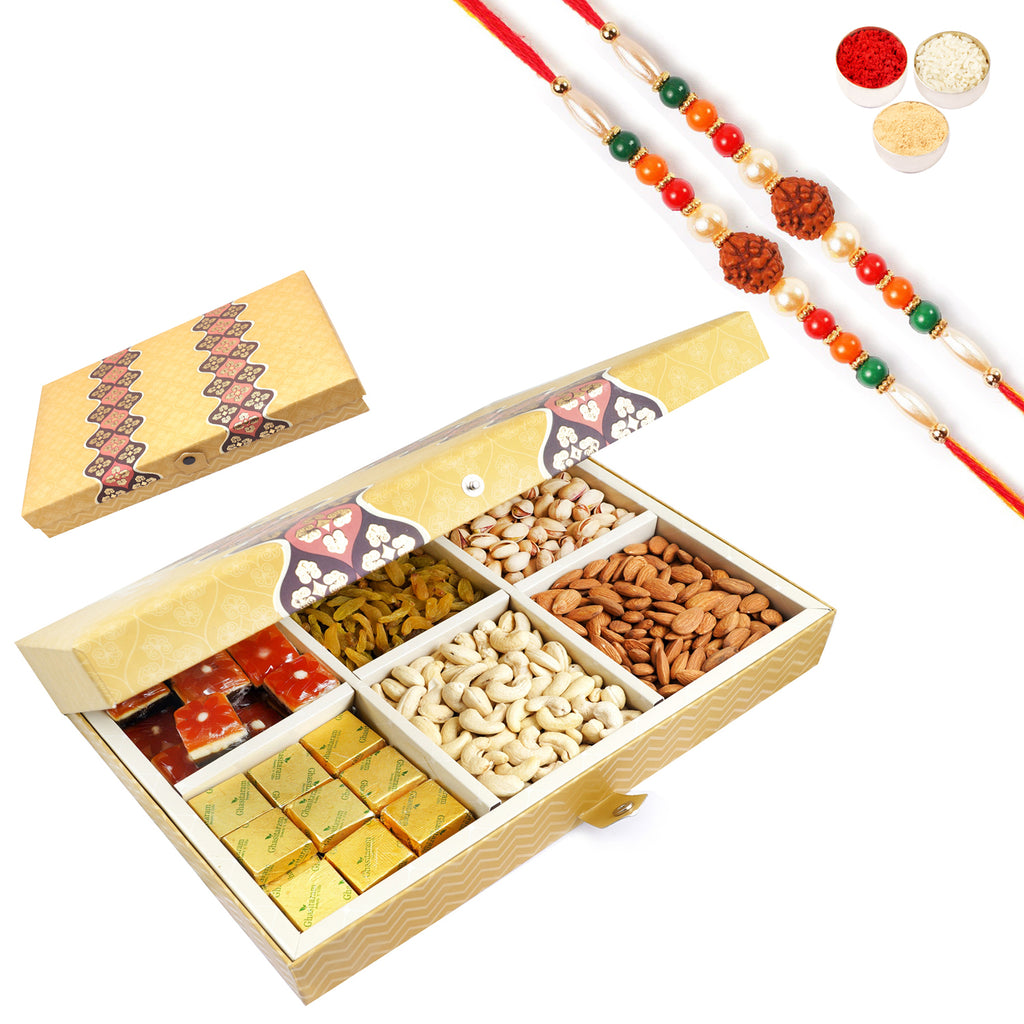 Golden 6 Part Box with Dryfruits and Assorted Bites 1500 gms With 2 Rudraksh rakhis