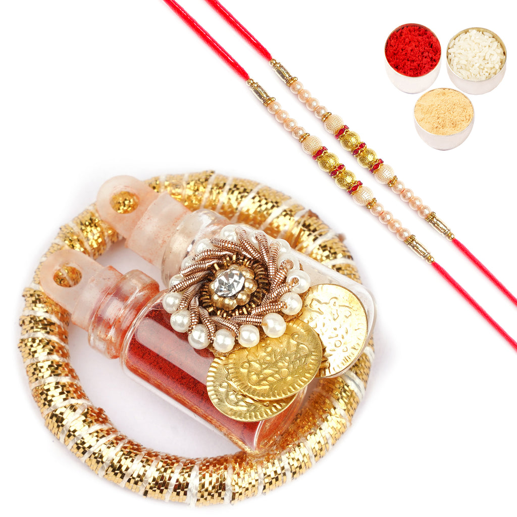 Golden Chakri Roli Chawal Container with 2 Pearl Rakhis  