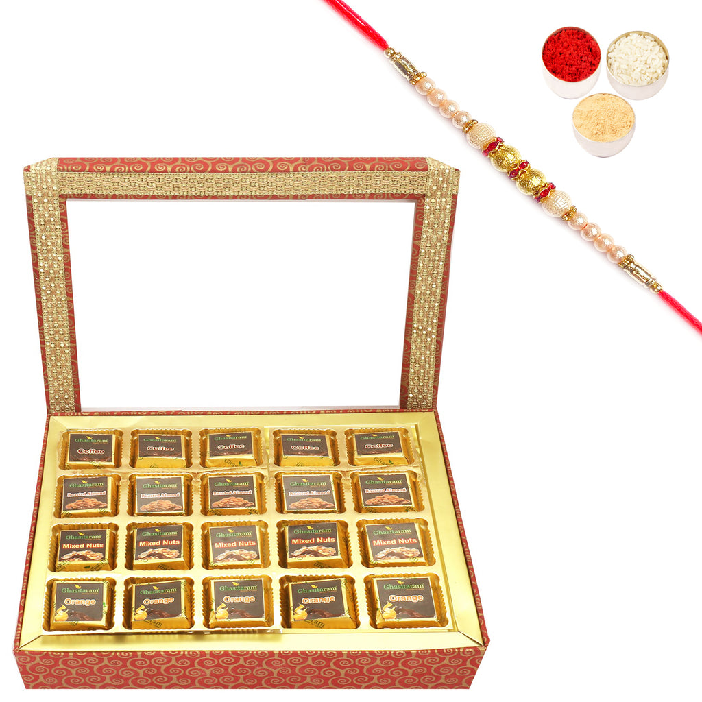 20 pcs Assorted Chocolates Hamper Box with Pearl Rakhi