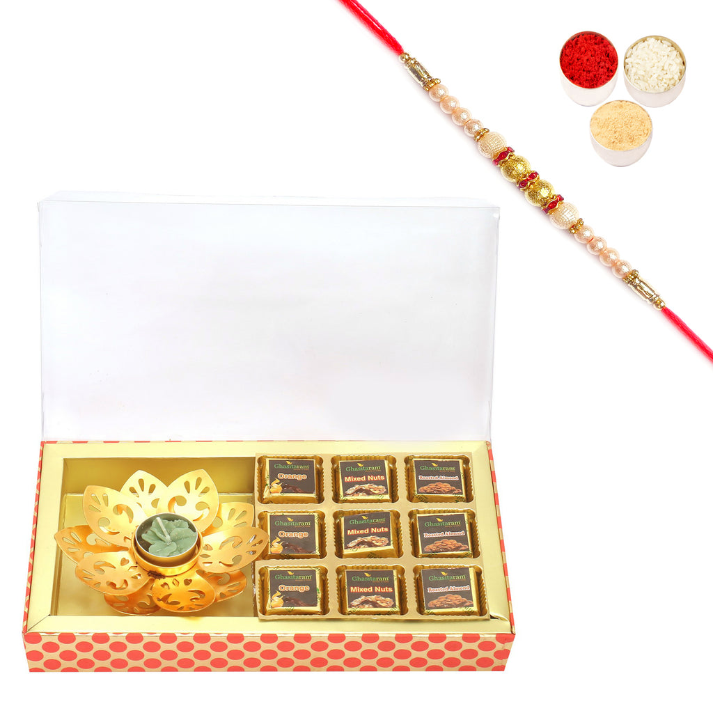 9 pcs Assorted Chocolates and Golden T-Lite Imperial Box with Pearl Rakhi