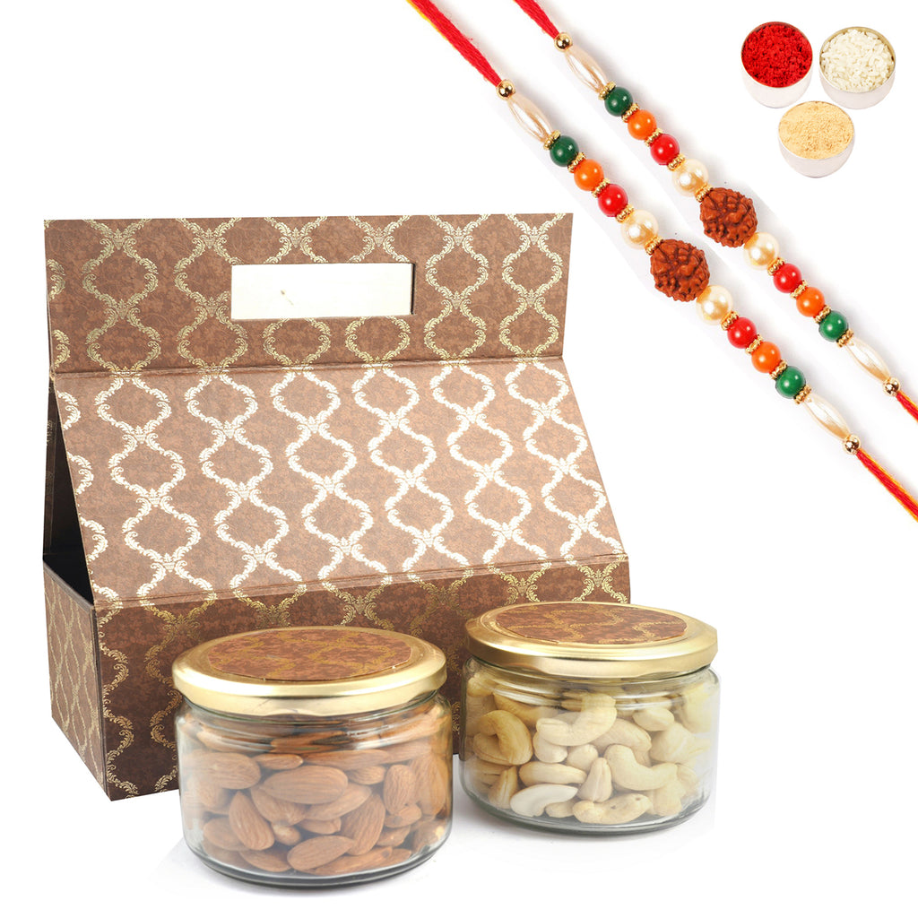 2 Jars Bag Box of Almonds and Cashews With 2 Rudraksh rakhis