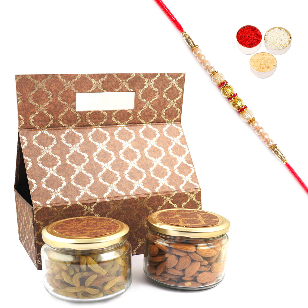 2 Jars Bag Box of Almonds and Raisins with Pearl Rakhi