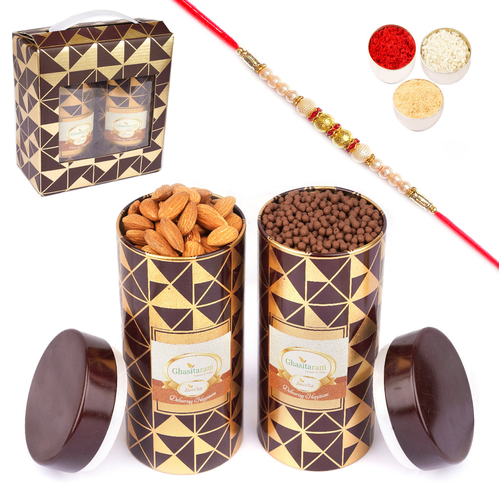 Box 2 Tin Jars of  Almonds and Choco Coated Rice Crispies with Pearl Rakhi