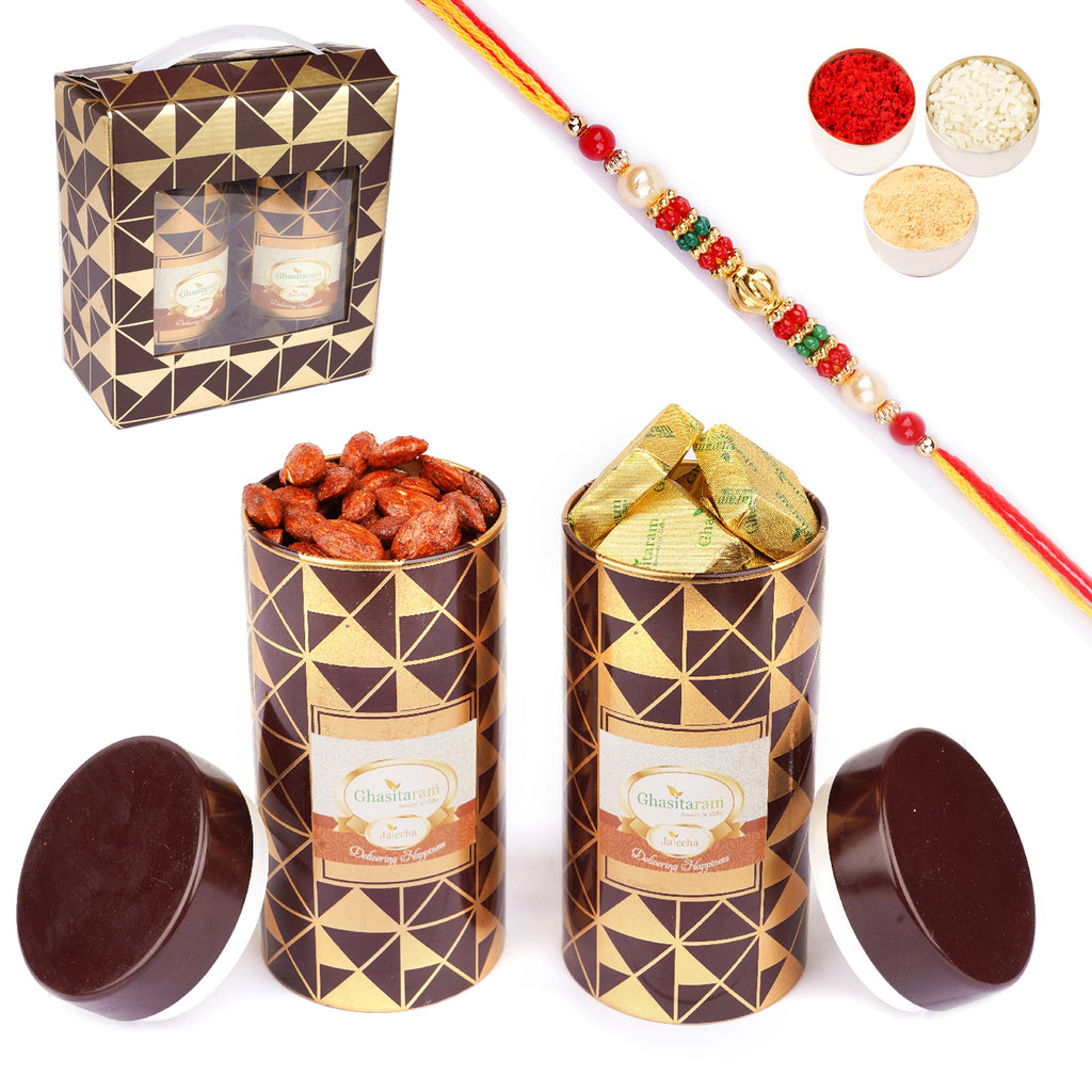 Rakhi Gifts-Box 2 Tin Jars of  Flavoured Almonds and Mewa Bites with Pearl Rakhi