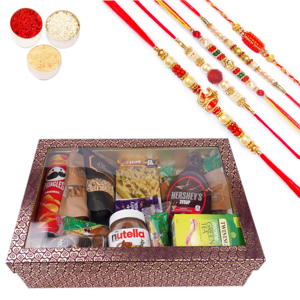Rakhi Gifts-Big Hamper Box of 20 Goodies with Soan Papdi with 5 Rakhis