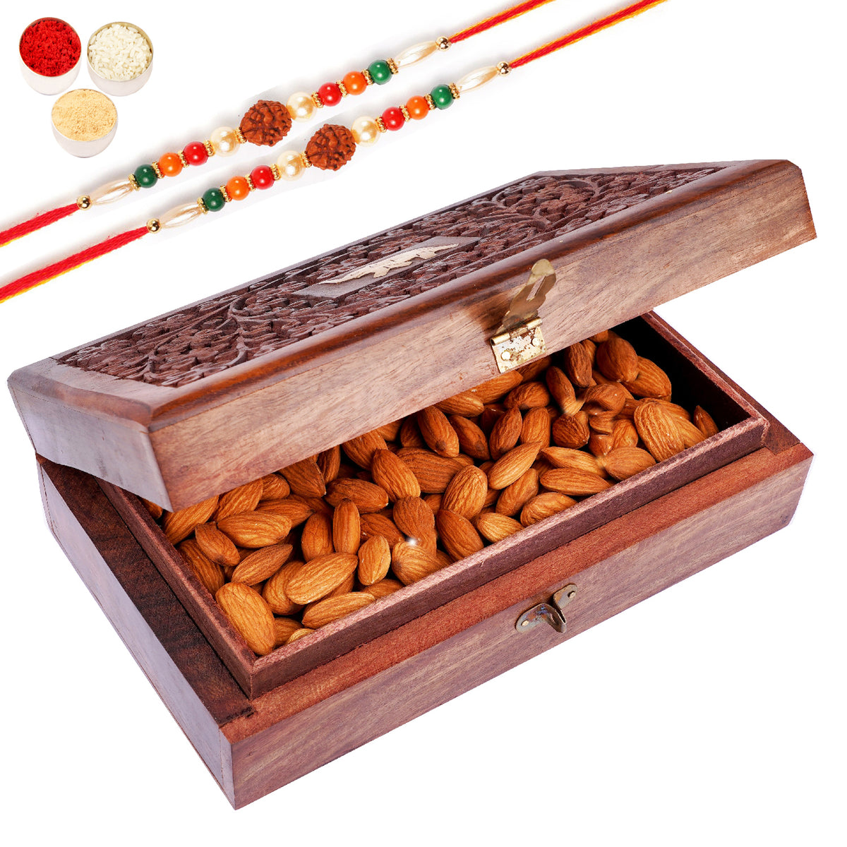 Rakhi Gifts-Wooden Carving Jewellery Box with Mamra Almonds with 2 Rudraksh Rakhis